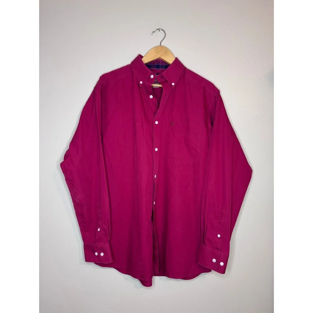 Ariat Mens Wrinkle‎ Free Button Down Shirt Magenta Pink Long Sleeve Medium M